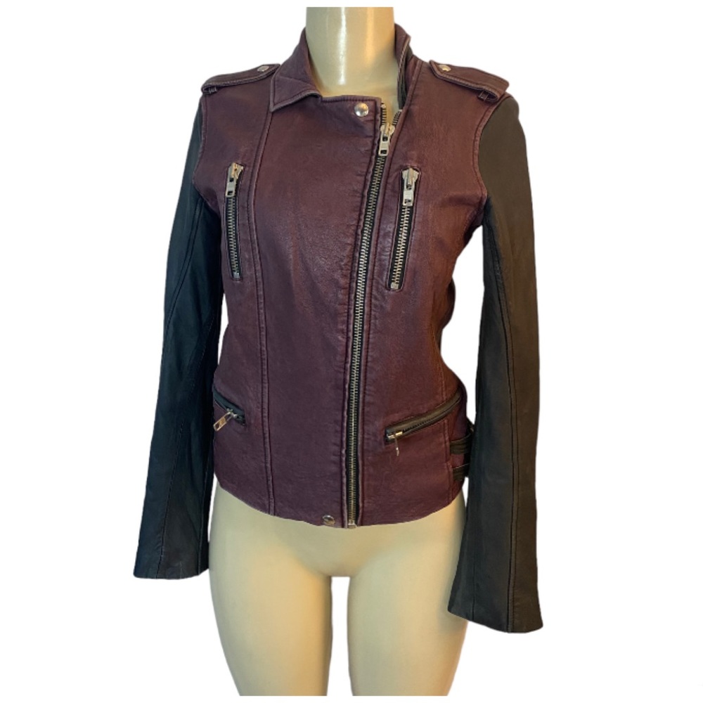 IRO Anabela Black Purple Two Tone Color Block Leather Jacket Size Small - Picture 1 of 12